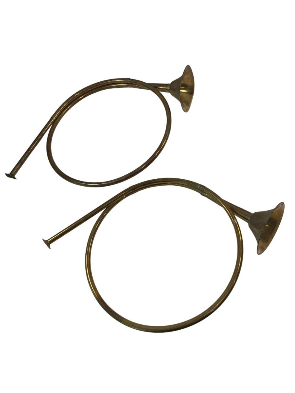 Vintage Solid Brass French Horn Pair Decorative Patina Christmas Boho India 12"